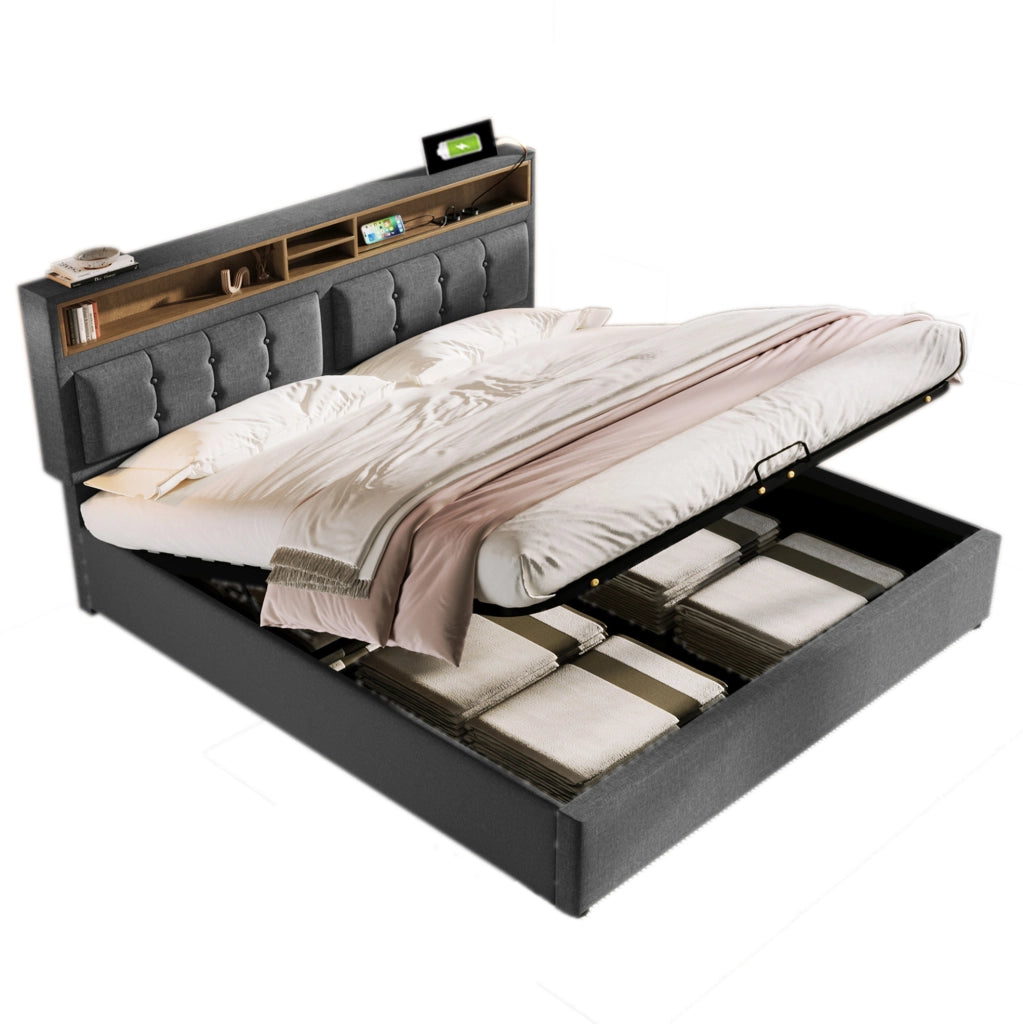Letto imbottito 160x200 cm con USB-C e contenitore