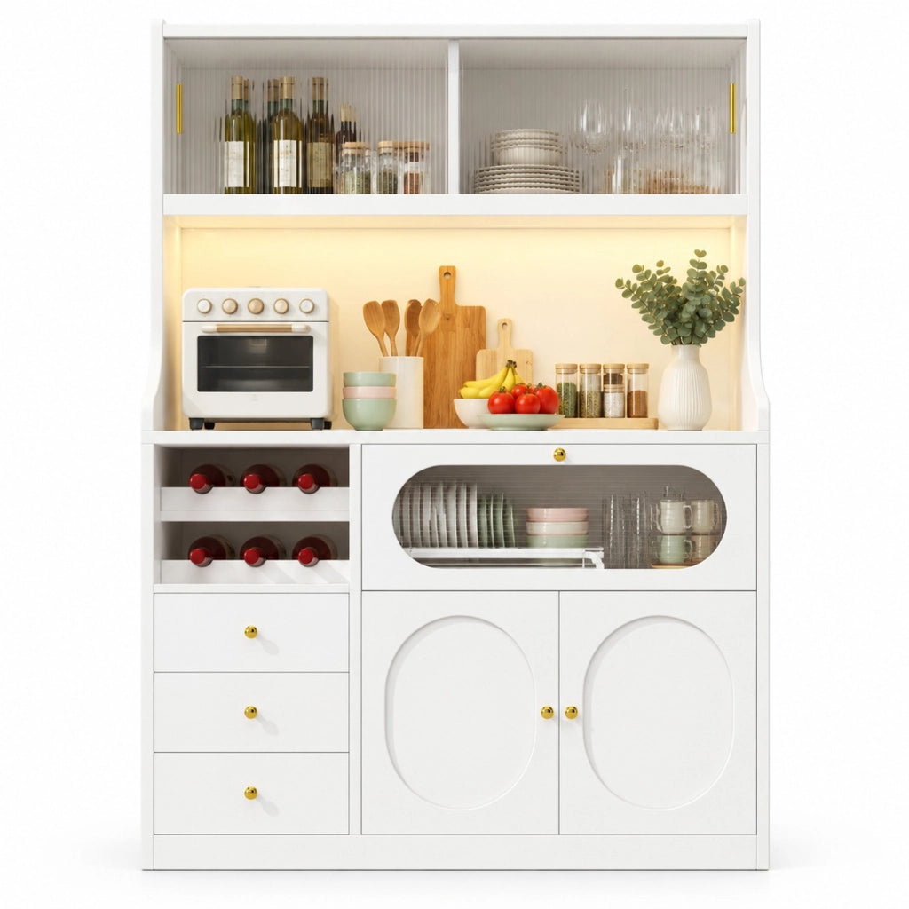 Mobile controllato armadio alto cucina 120 cm con LED RGB, porte scorrevoli in vetro, portabottiglie e ante a ribalta, 3 cassetti, bianco/nero