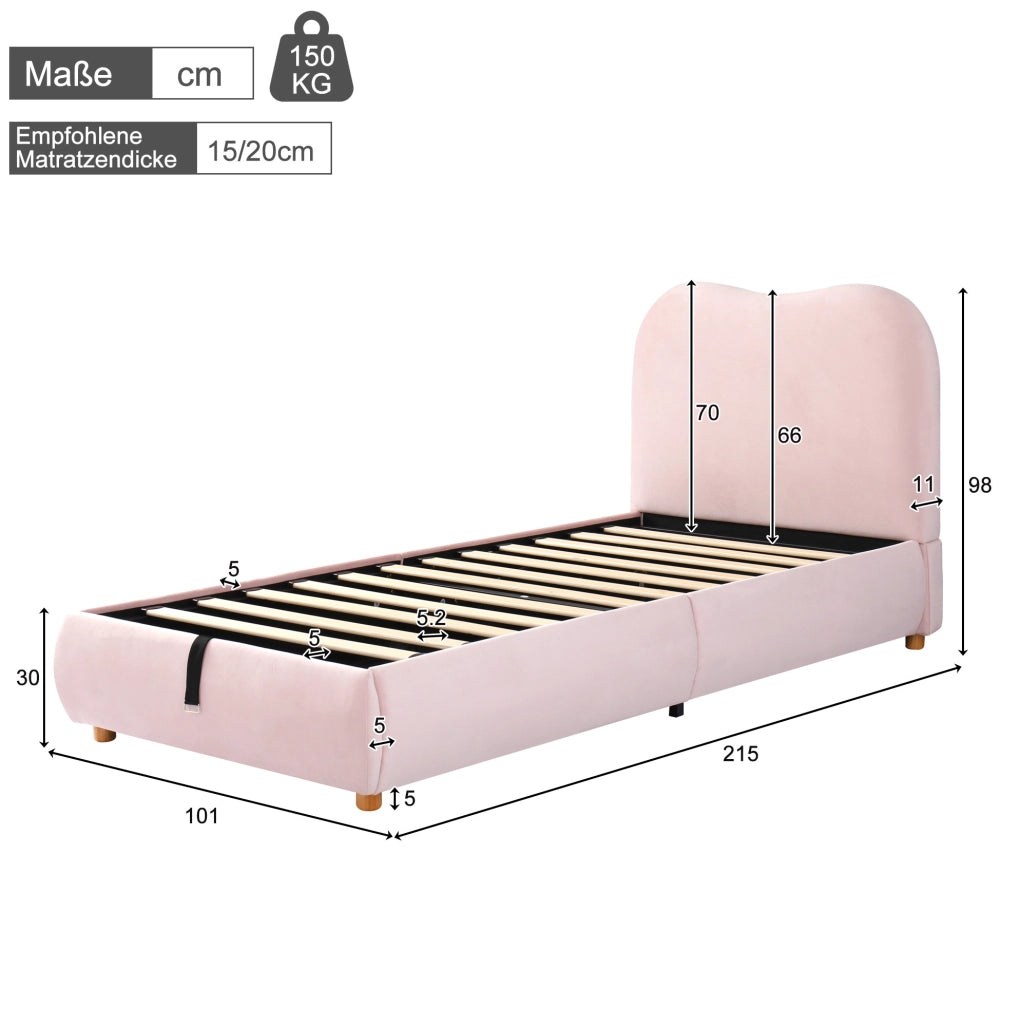 Letto singolo imbottito 90x200 cm in velluto rosa con contenitore e rete a doghe