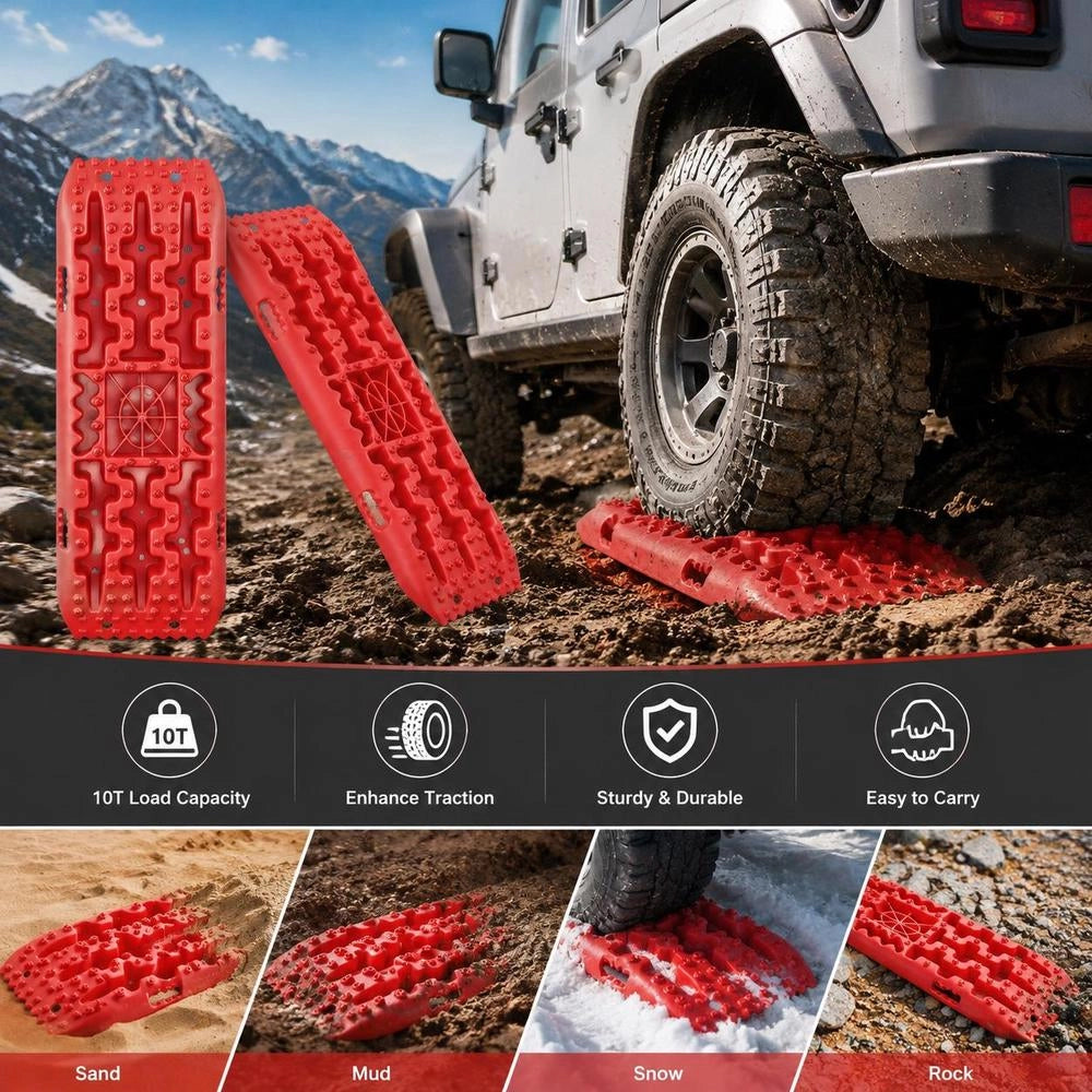 10-TON Traction Boards Made Of PP Material, Recovery Boards For Off-road Vehicles/cars/pickups/SUVs/motorhomes, Pair Of Tire Traction Mats For Snow, Sand, Mud And Loose Surfaces, Storage Bag, Long, Red