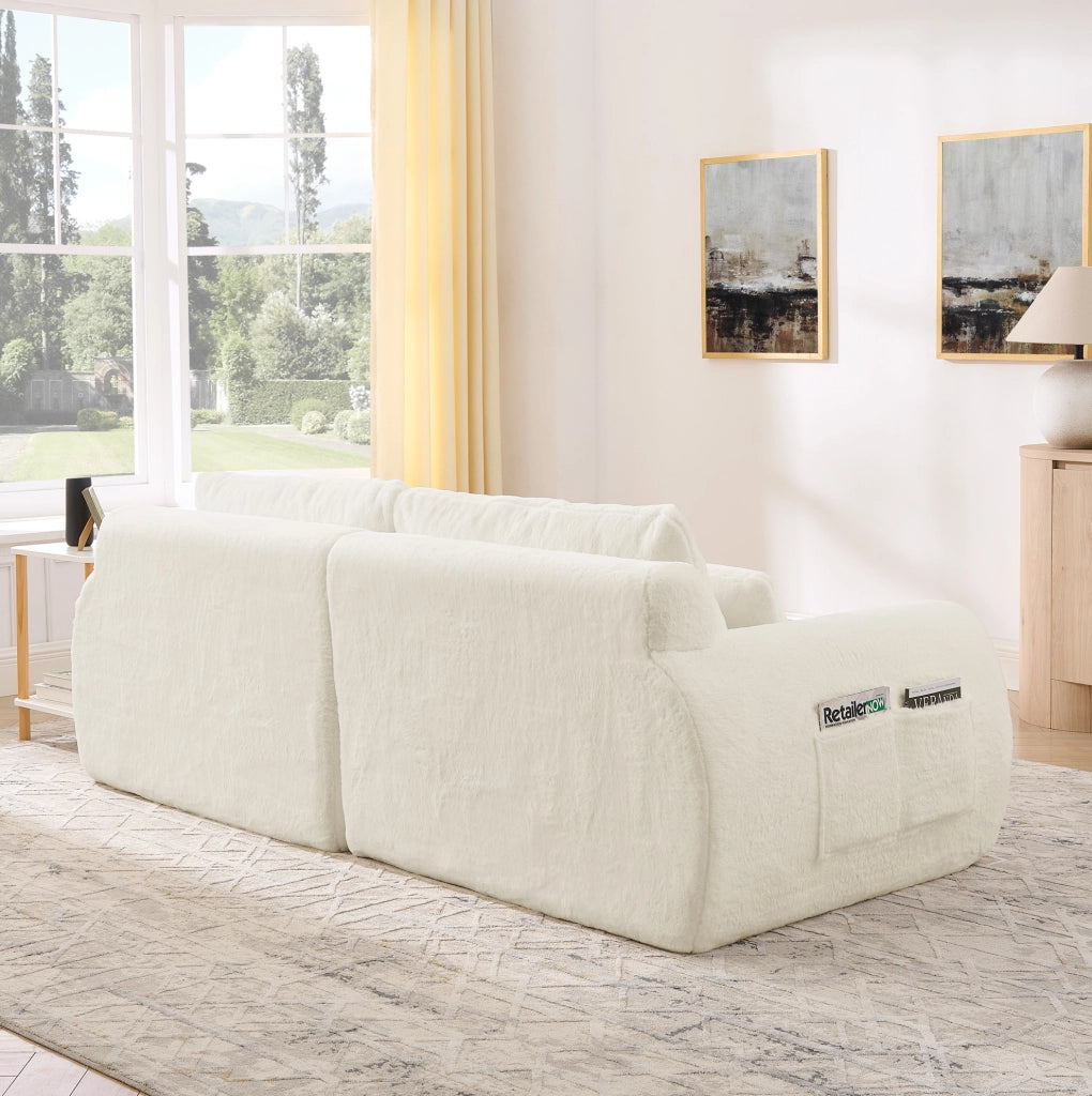 Divano 2 posti in tessuto effetto pelo di coniglio con USB e tasca laterale; beige