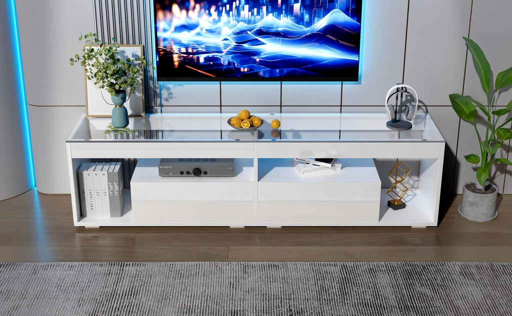 Mobile TV con LED ¨C Minimal ¨C Bianco lucido, 2 cassetti, adatto per TV fino a 70 pollici, per soggiorno e camera