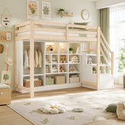 Letto a soppalco 90 x 200 cm con armadio, scaffali contenitori e scala laterale