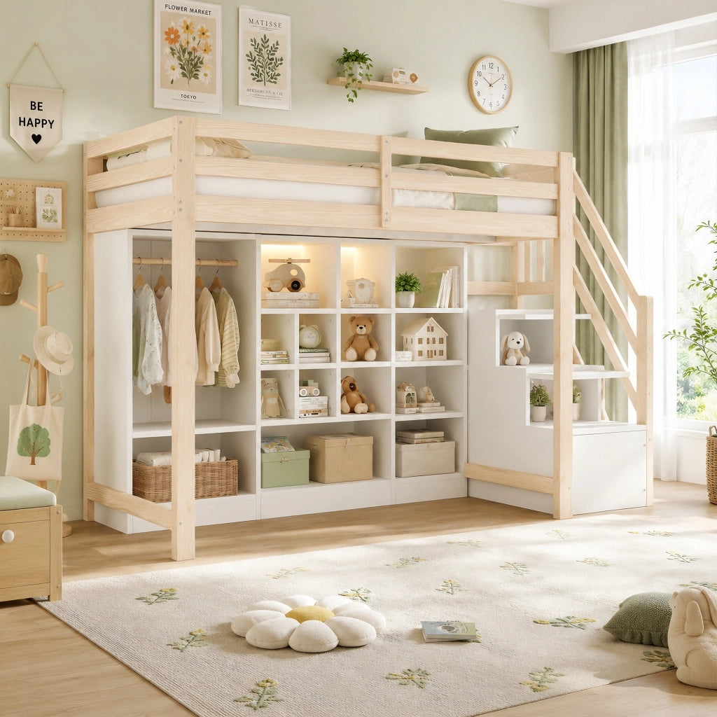 Letto a soppalco 90 x 200 cm con armadio, scaffali contenitori e scala laterale