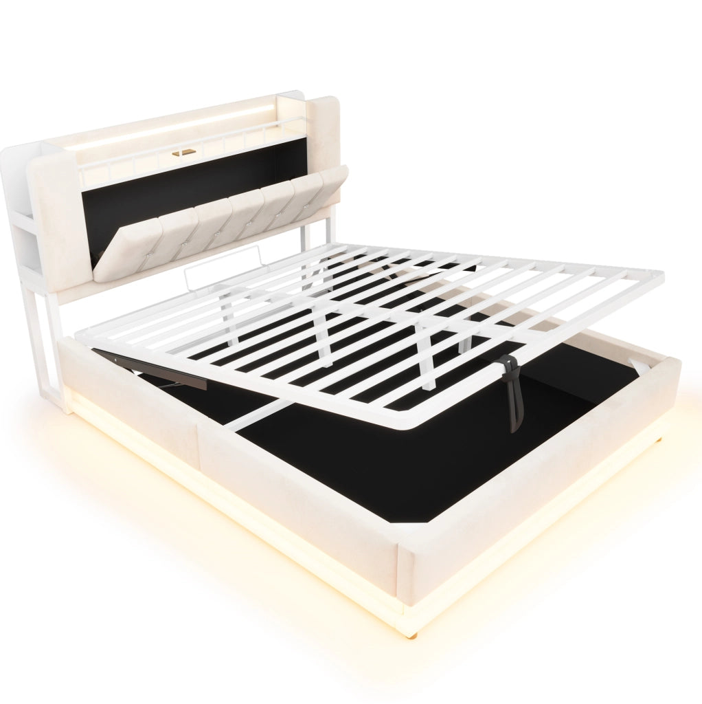 Letto imbottito 160x200 cm con LED, USB e contenitore idraulico in velluto beige