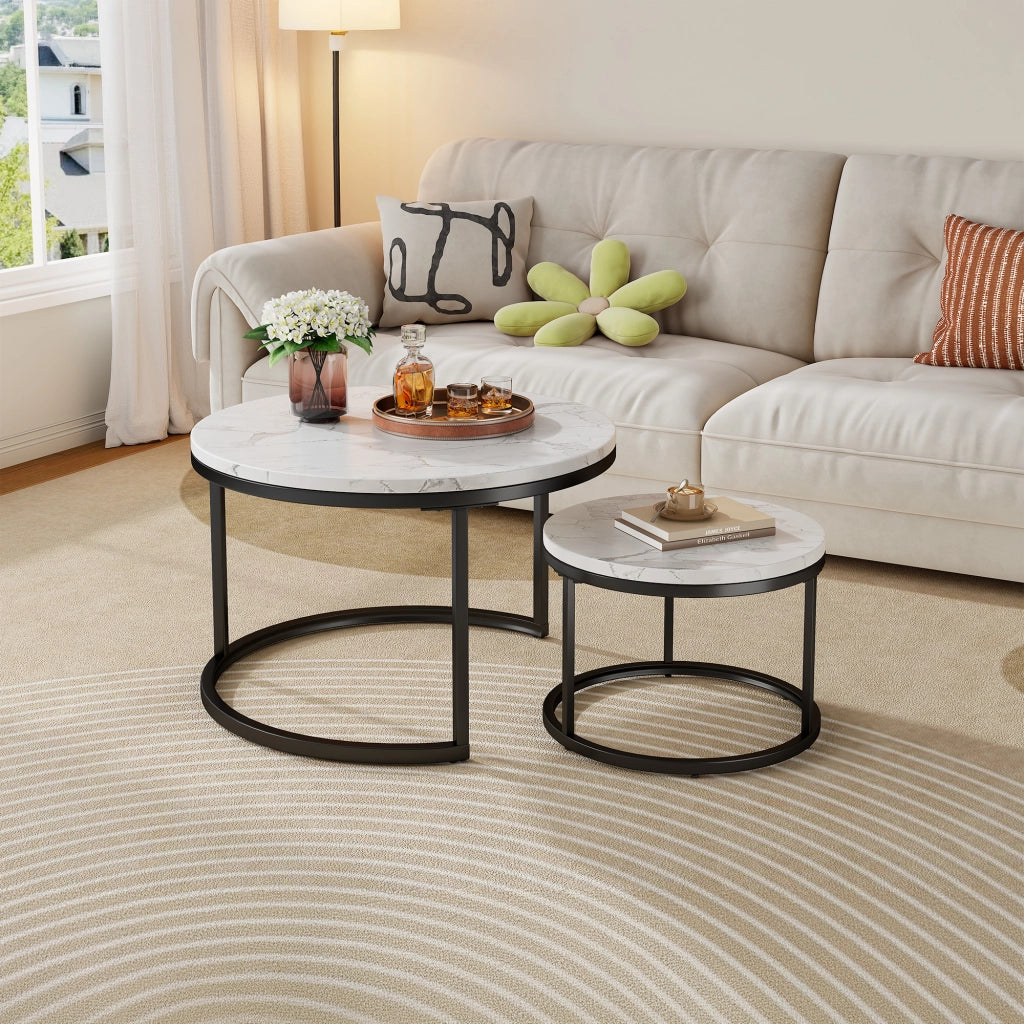 Set di 2 tavolini da salotto rotondi a incastro 70 e 45 cm in MDF e metallo; nero e bianco