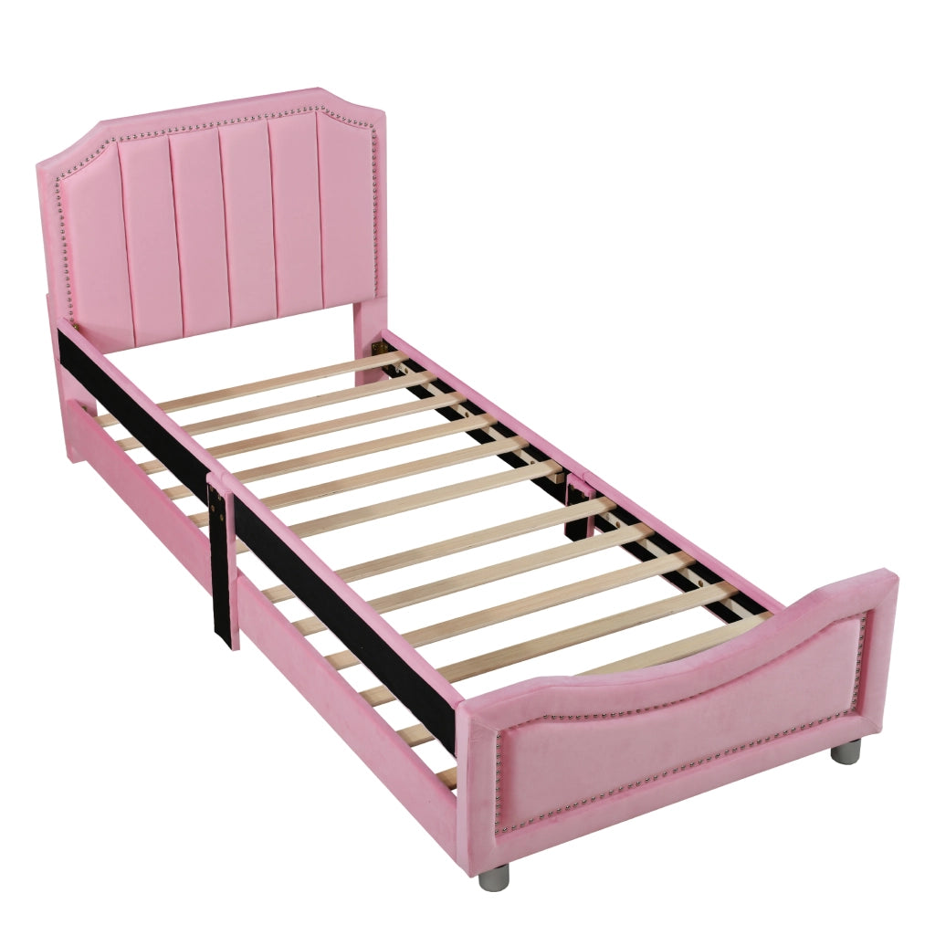 Letto singolo 90x200 cm imbottito con testiera e pediera decorative; rete a doghe; rosa