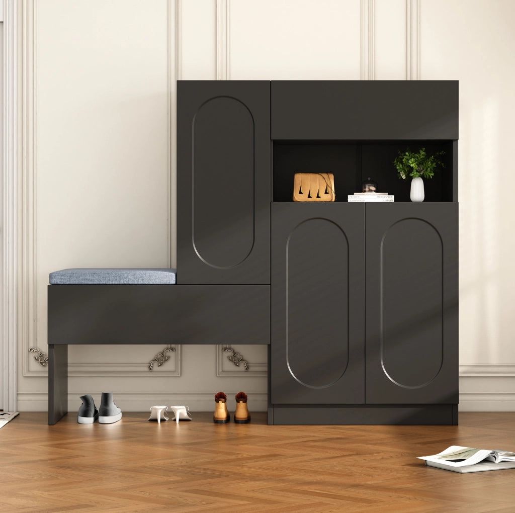 Scarpiera con panca 130x35x110 cm; ante con chiusura ammortizzata; pannello truciolare nero