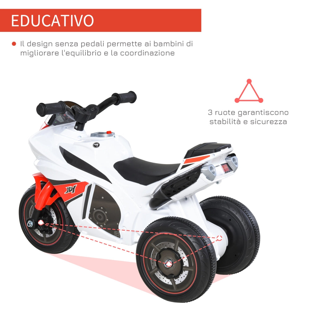 Moto Giocattolo a 3 Ruote per Bambini 18-36 Mesi, Motocicletta Cavalcabile Stile Polizia con Musica e Fari Senza Pedali in PP e Metallo Bianco e Rosso