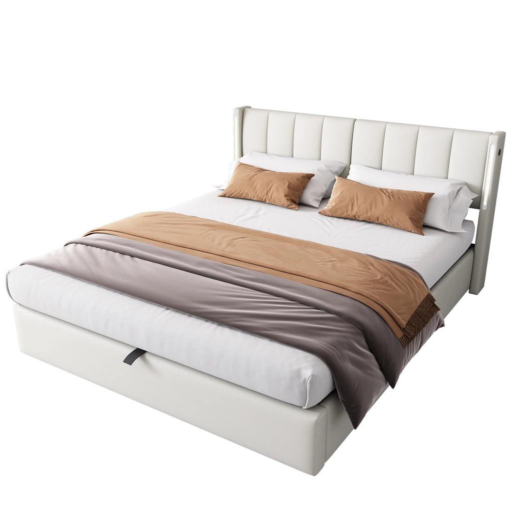 Letto contenitore 180x200 cm con LED; USB C e testiera regolabile; PU bianco