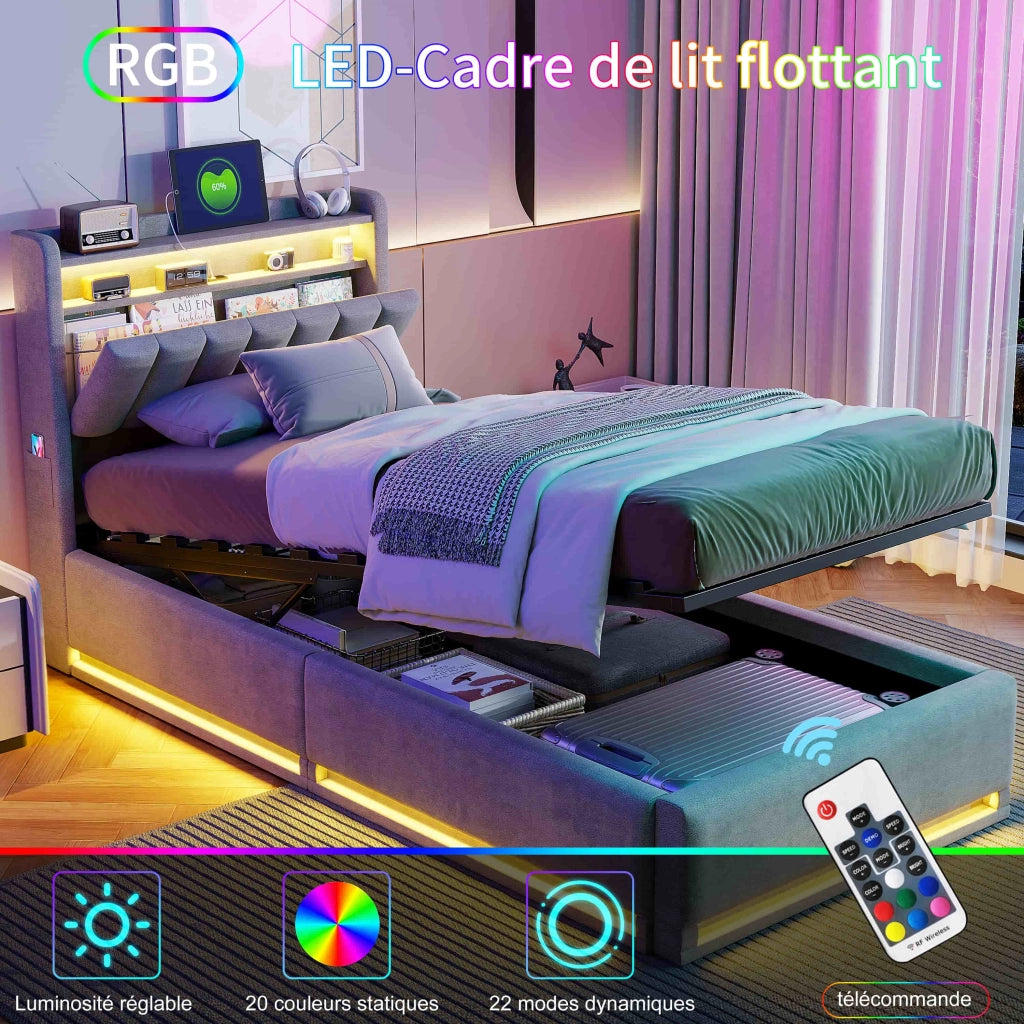 Letto Singolo 90x200 cm; Letto Contenitore Idraulico Imbottito; Luci LED e Porta USB; Struttura Letto in Velluto; Grigio; Senza Materasso