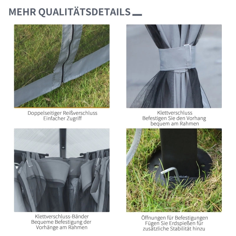 Gazebo 3 × 3 m con tetto in policarbonato 6 mm; struttura in metallo grigio; tende e zanzariere; 300 × 300 × 265 cm