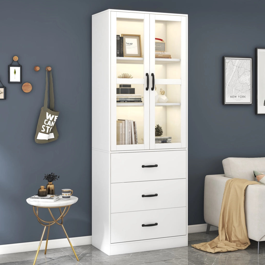 Vetrina con illuminazione LED e 3 cassetti in MDF bianco