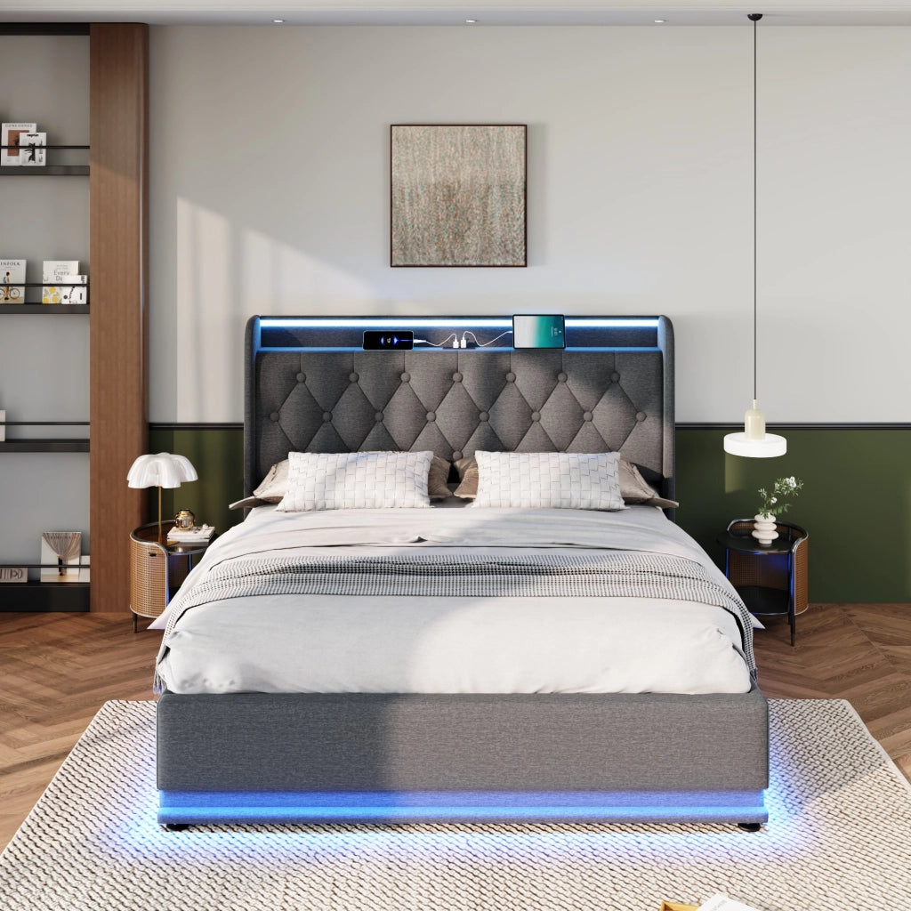 Letto contenitore matrimoniale 140x200 grigio con LED