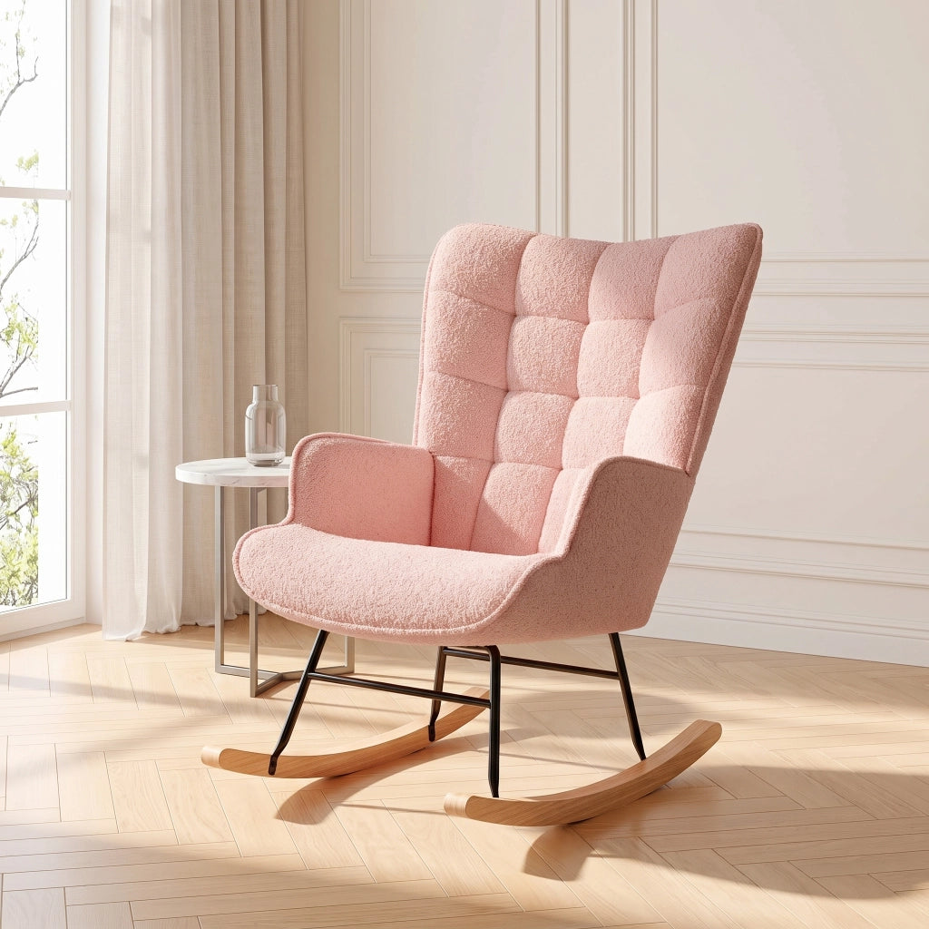 Sedia a Dondolo Poltrona Imbottita Relax con Braccioli Schienale Alto;Rosa;Pile effetto orsetto