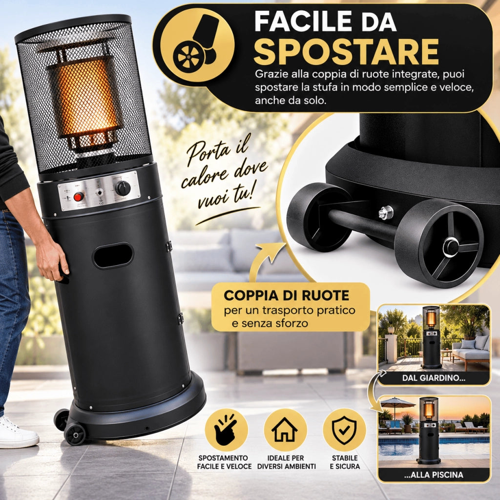 Stufa Patio Riscaldante da Esterno a Gas 13 kW con Ruote