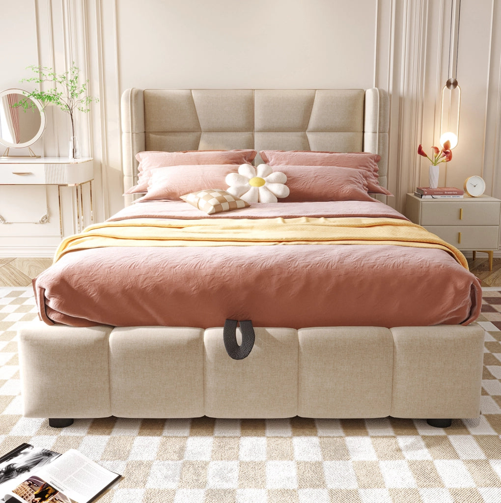 Letto imbottito 90x200 cm beige con contenitore e sollevamento
