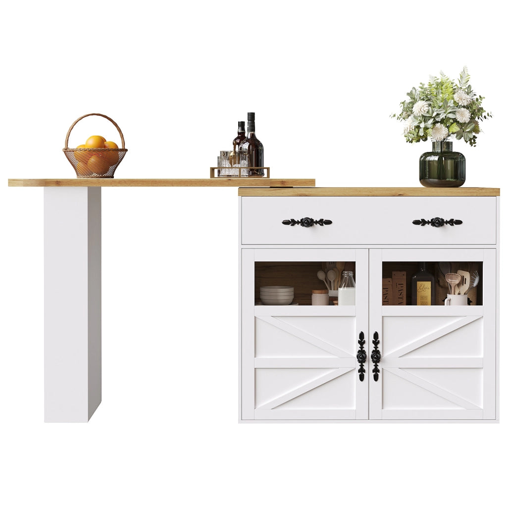 Tavolo bar allungabile girevole 360° con spazio contenitivo, 138-204 x 39 x 104 cm, bianco