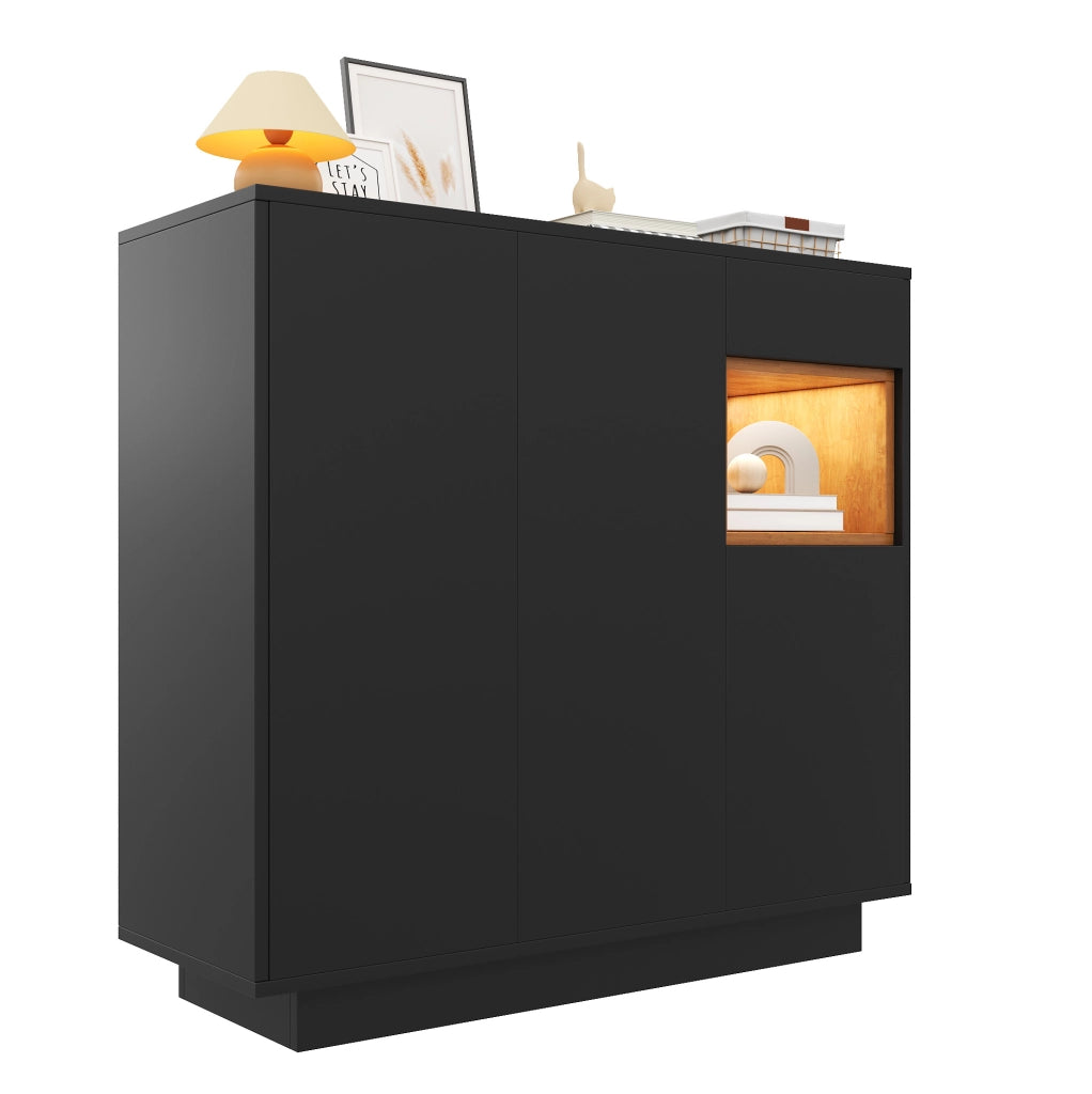 Mobiletto scarpiere con cassetto, ripiani regolabili, nero e legno, 105x39,5x100,5 cm
