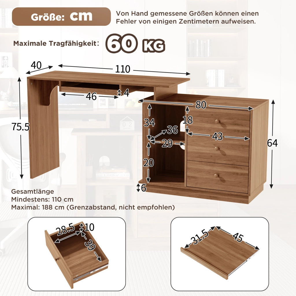 Scrivania Computer per Ufficio e Studio ¨C Minimal ¨C Legno Multistrato con 3 Cassetti e Ripiani