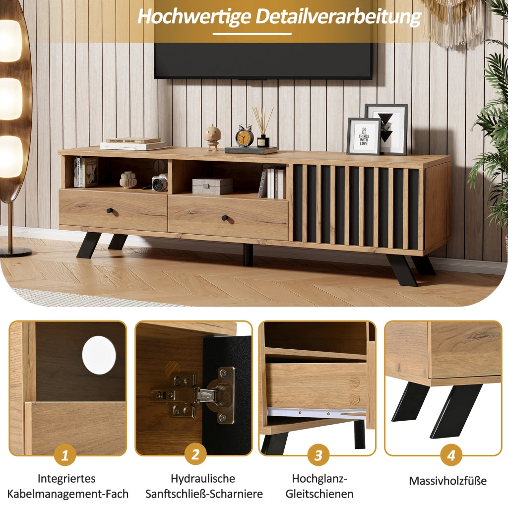 Mobile porta TV con 2 cassetti, 1 armadietto e 2 vani aperti in truciolare legno naturale e nero 150 × 38 × 44 cm