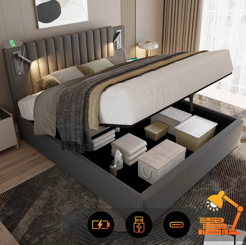 Letto contenitore 180 × 200 cm con testiera regolabile; luce da lettura e USB/USB-C; cotone grigio