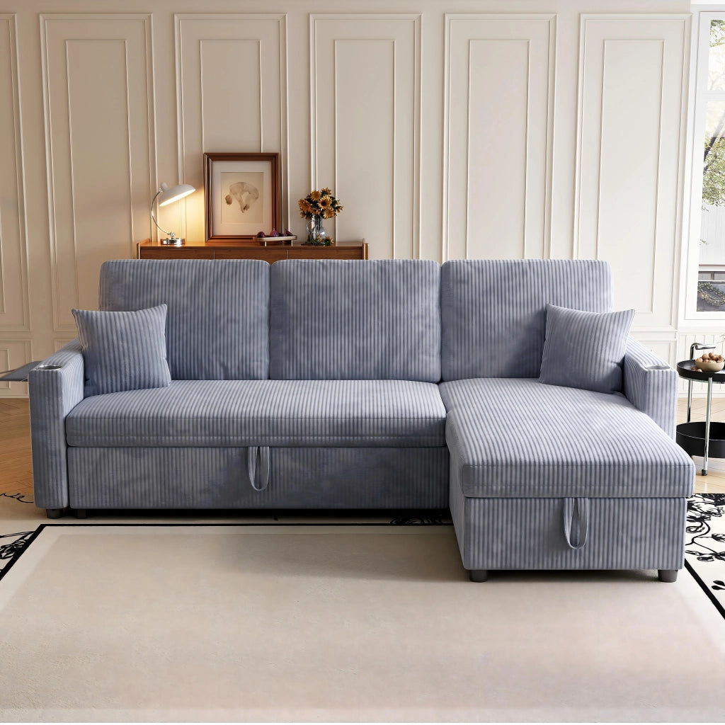 Divano letto angolare modulare - con contenitore; USB e tavolino - in corduroy grigio