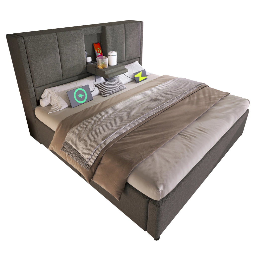 Letto imbottito 140x200 cm con portabevande nascosto e stazione di ricarica, letto idraulico con contenitore sotto, rete inclusa, lino grigio (senza materasso)