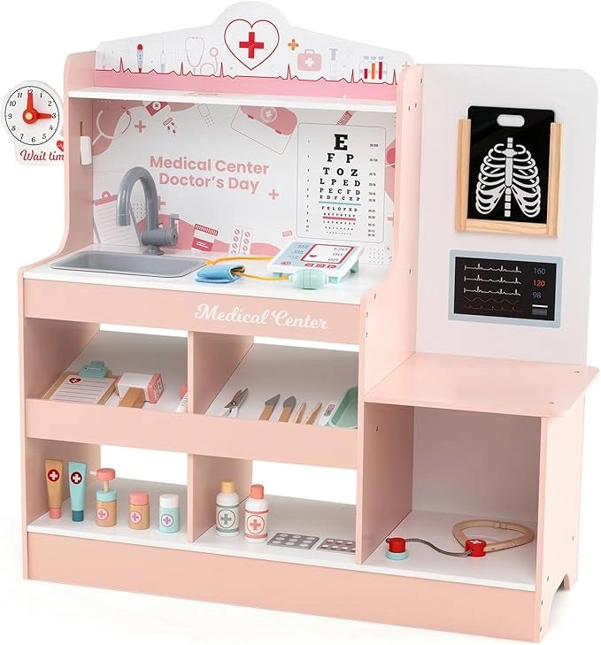 Set da Gioco Dottore in Legno, Centro Medico per Bambini con Orologio, Lavandino, Tabella Oculistica, Monitor ECG, Area Esame e 24 Accessori Giocattolo, 97 × 30,5 × 88 cm (Rosa)