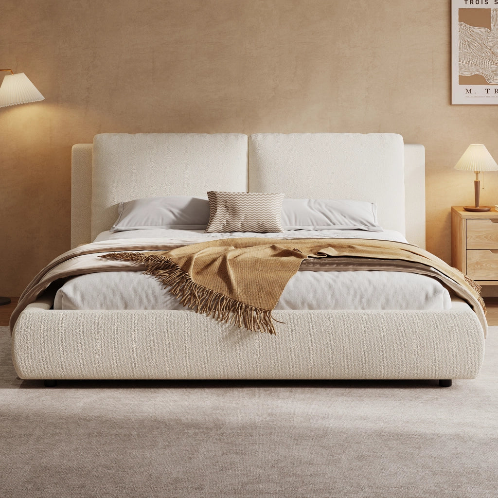 Letto matrimoniale contenitore 160 × 200 cm 2 posti con apertura idraulica e testiera imbottita, senza materasso, beige