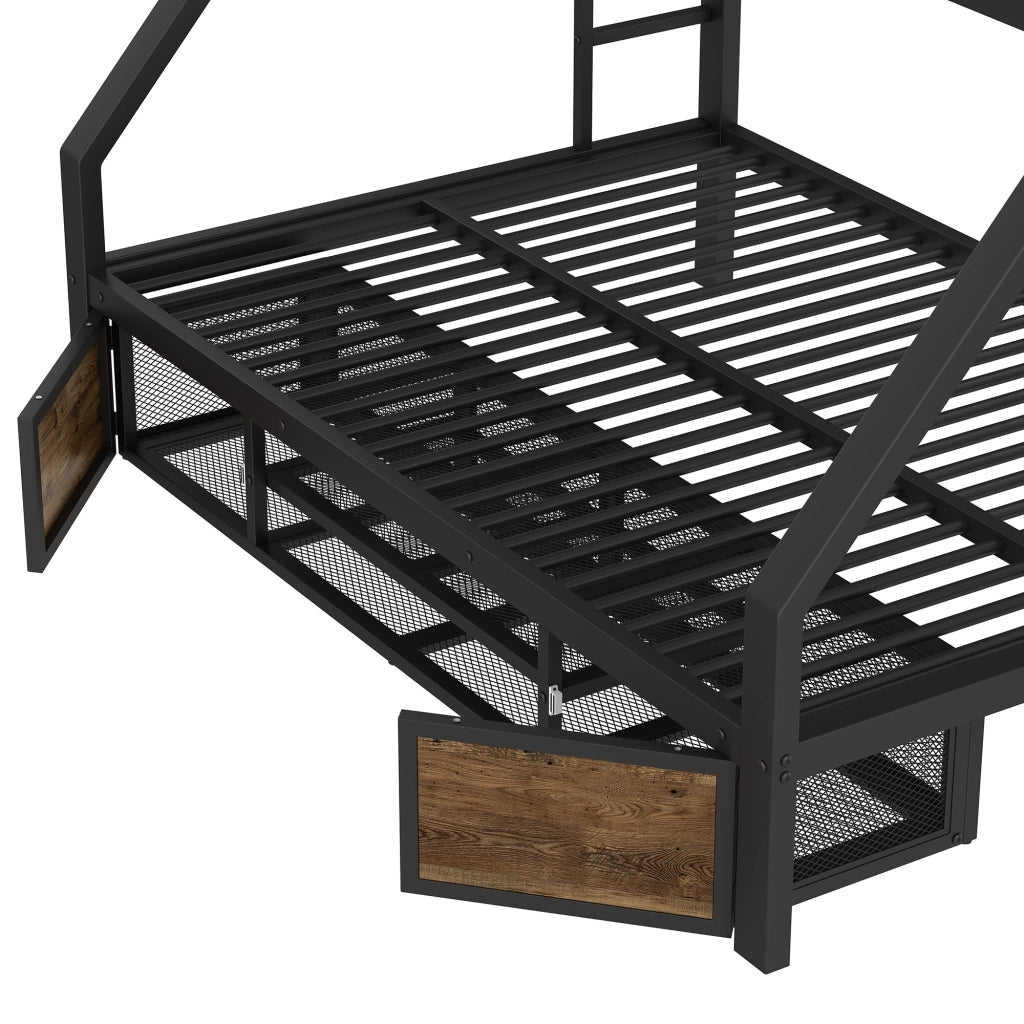 Letto a castello per bambini 90 × 200 cm e 140 × 200 cm in metallo nero con scarpiera e ripiani