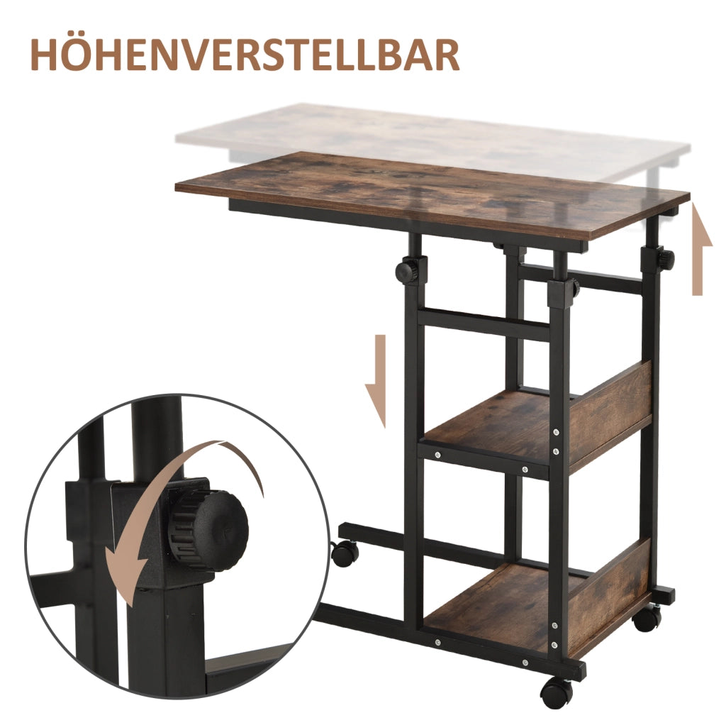 Tavolino regolabile con ruote 80x40x72-82 cm, metallo nero, 2 ripiani