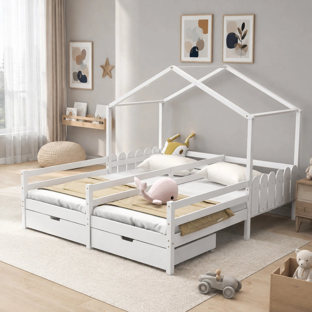 Letto a casetta doppio 200x90 cm bianco con 2 cassetti MDF