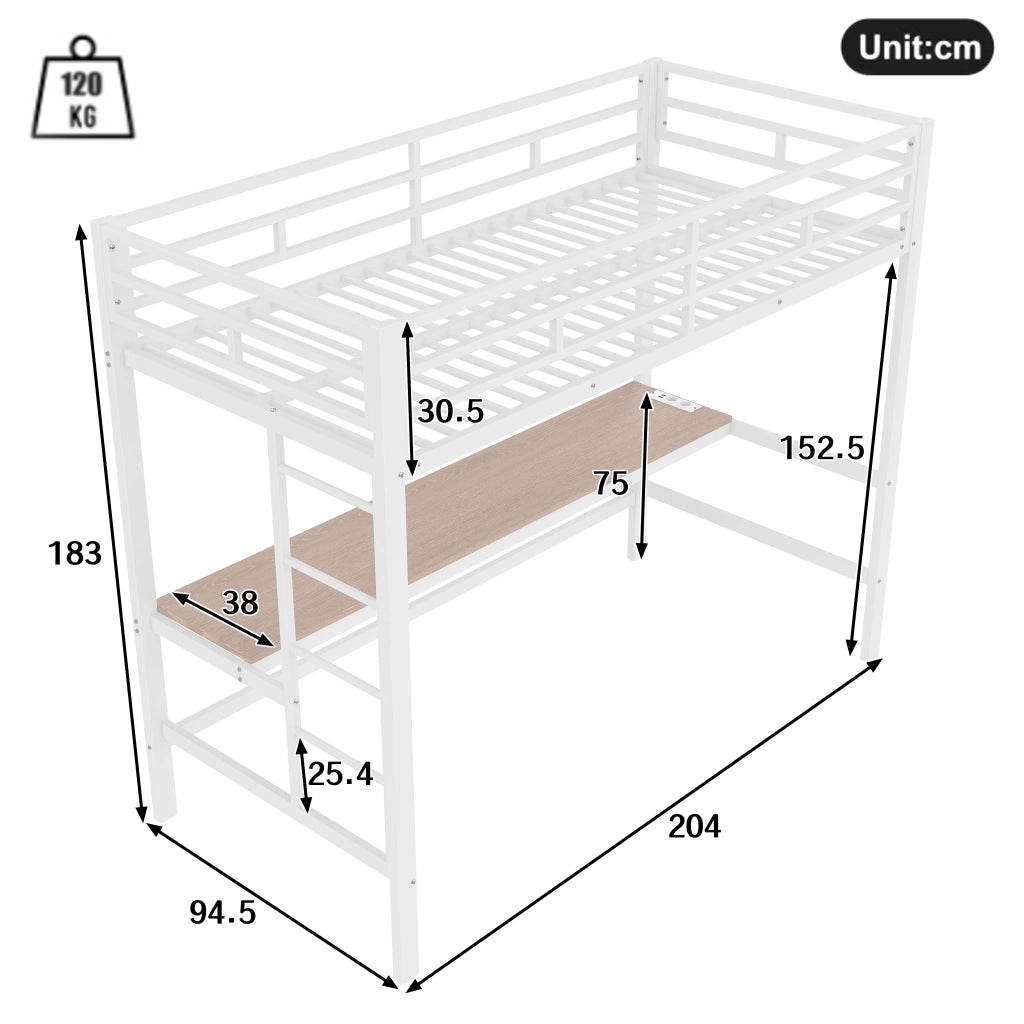 Letto a soppalco per bambini 90 × 200 cm in metallo e MDF bianco con scrivania LED USB e tipo C