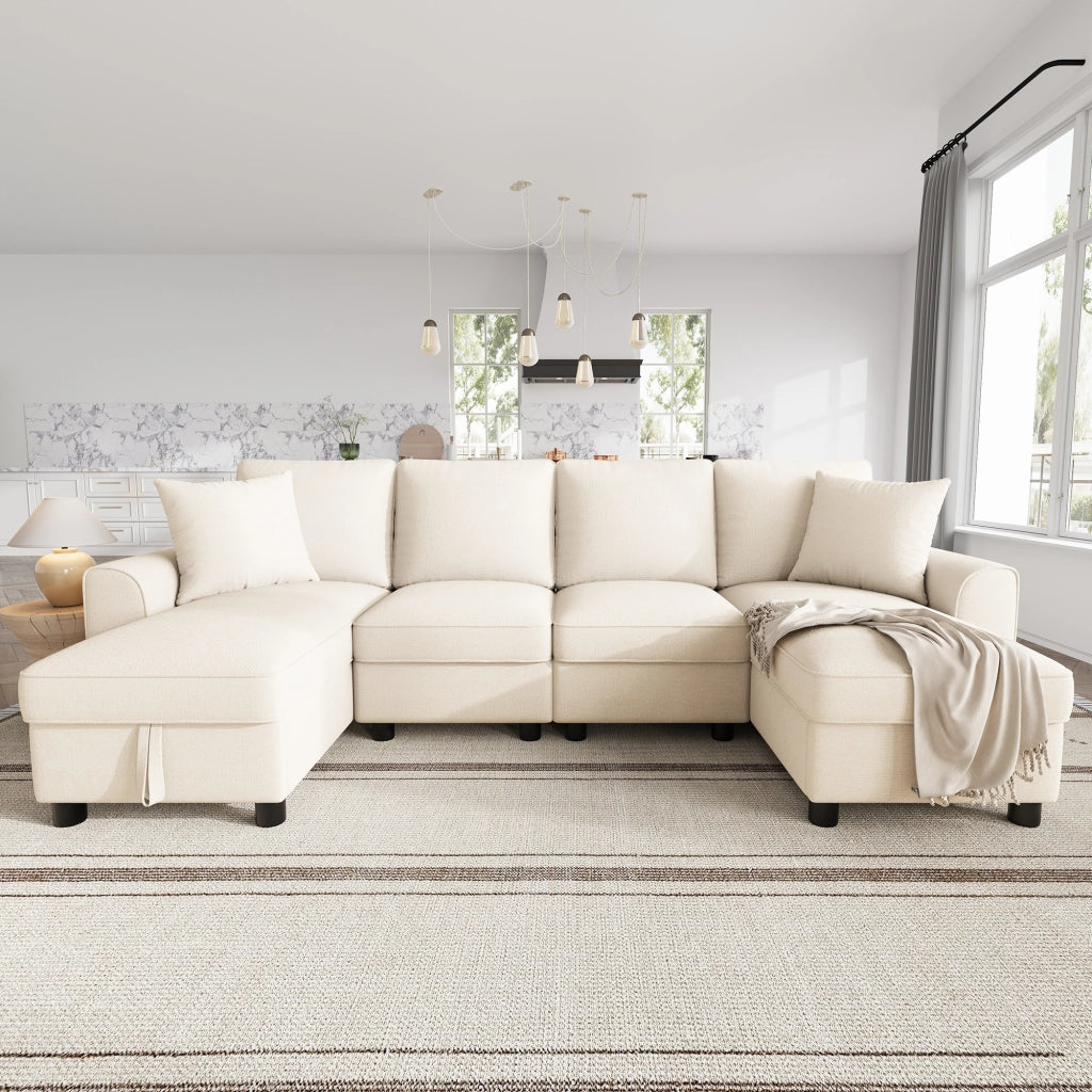 Divano panoramico a U 2 posti modulare in chenille beige con vano contenitore e cuscini 280 × 137 × 84 cm