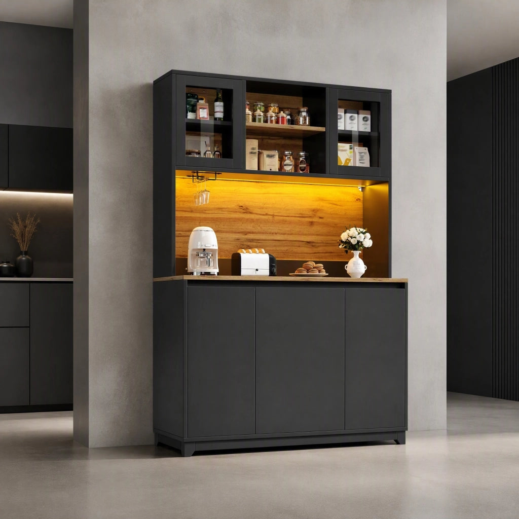Mobile da cucina nero con LED, ante acriliche e vano rifiuti
