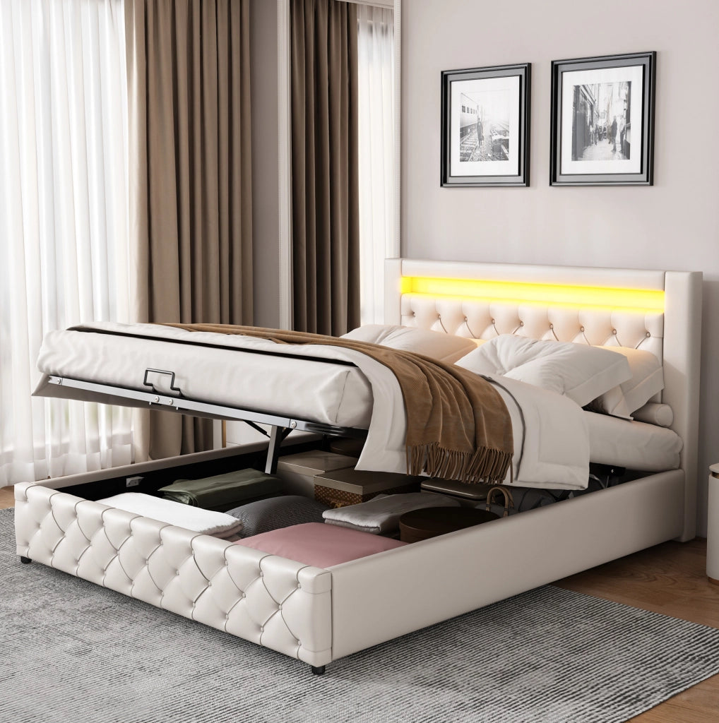 Letto imbottito 160x200 cm con contenitore, rete a doghe e LED
