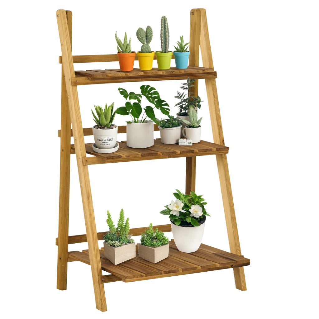 Scaffale portavasi a scala pieghevole in legno con 3 ripiani forma piramidale per giardino e balcone marrone 60 x 37 x 93 cm