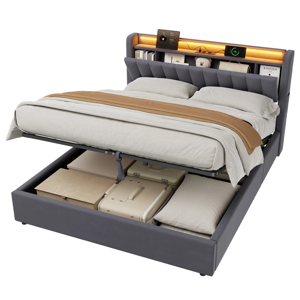 Letto Imbottito 160x200 cm Grigio Scuro in Velluto con Contenitore, USB e Luce d’Atmosfera