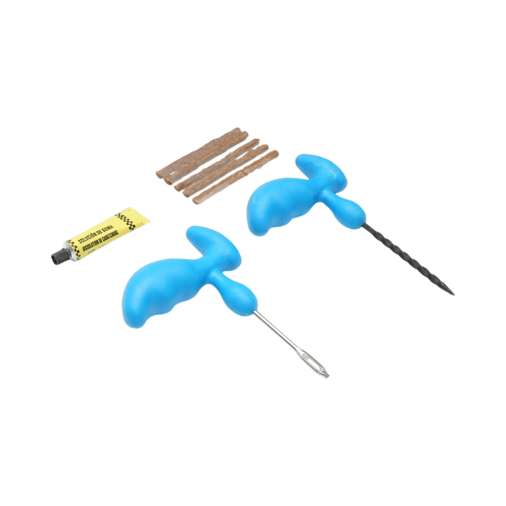 Kit professionale per la riparazione di pneumatici tubeless con vulcanizzazione a freddo, completo di cordoncini e adesivo.