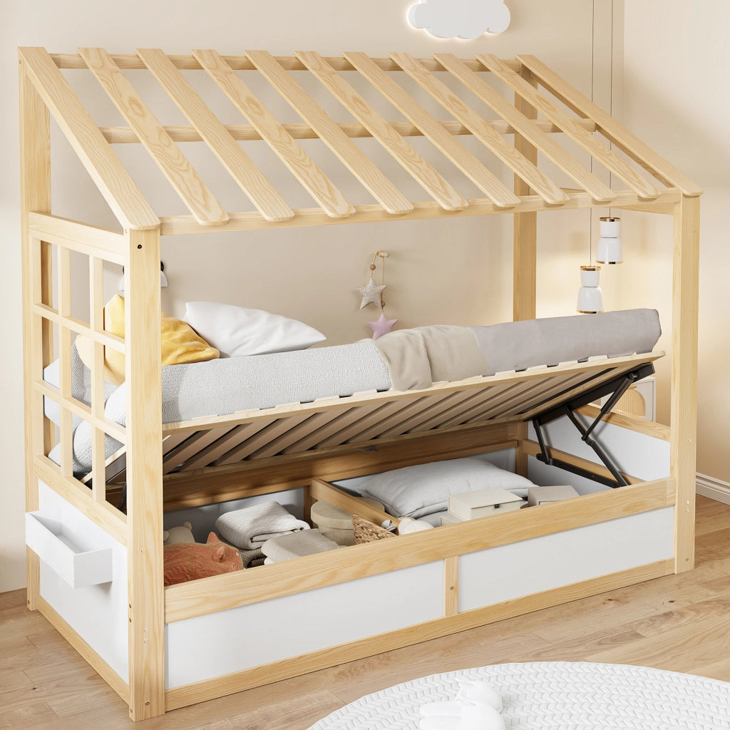 Letto per bambini 90x200 cm con tetto e vano contenitore