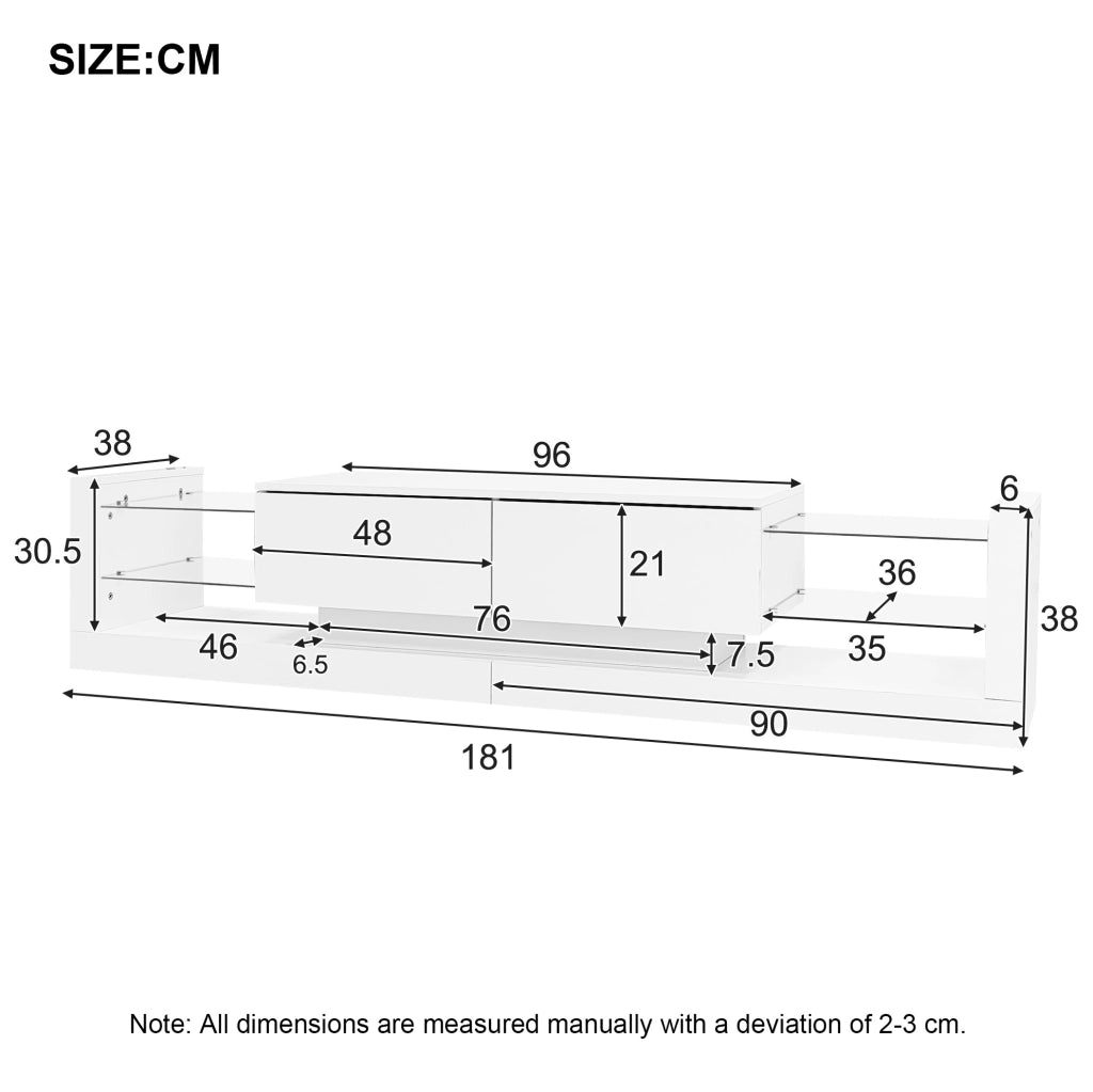 Mobile TV moderno 181 cm con LED; frontale in vetro e 2 cassetti ribaltabili; bianco