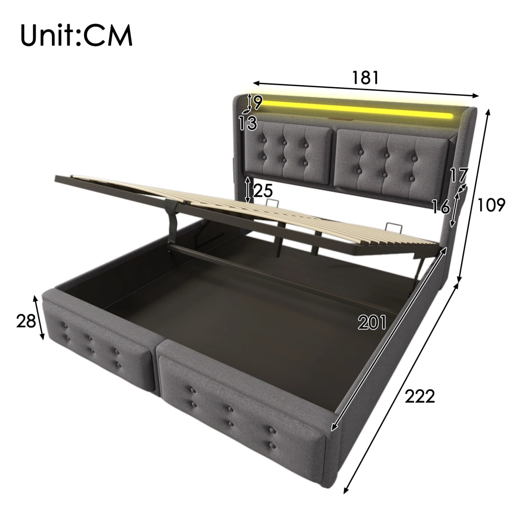 Letto matrimoniale 180x200 cm con testiera LED e contenitore