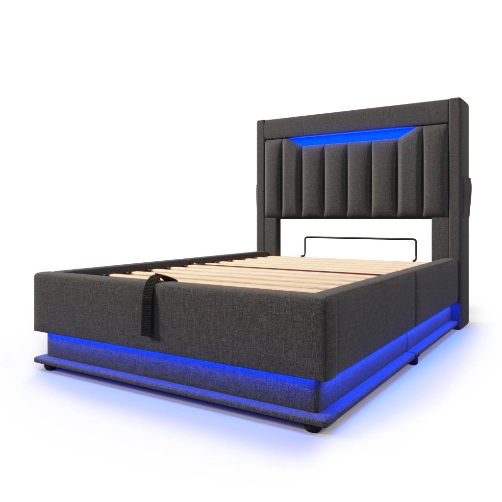 Letto singolo 90x200 cm grigio con contenitore e luci LED