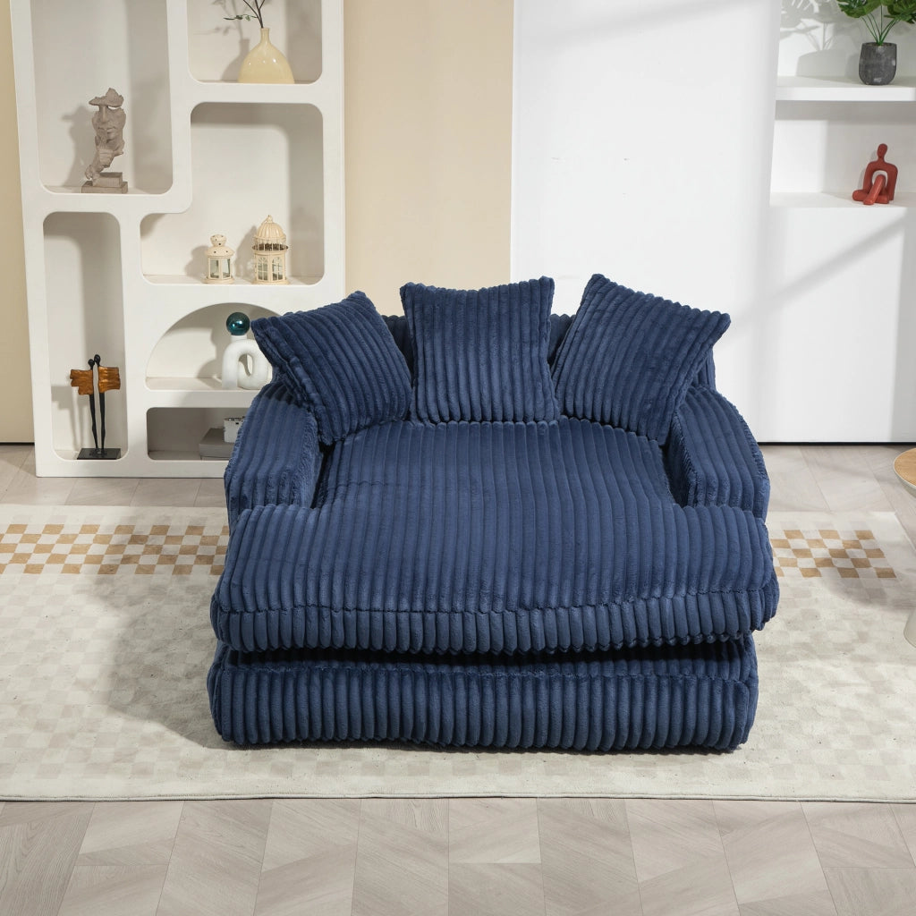 Chaise longue da interno in tessuto a coste con 3 cuscini schienale e braccioli blu navy 125 × 155 × 63 cm