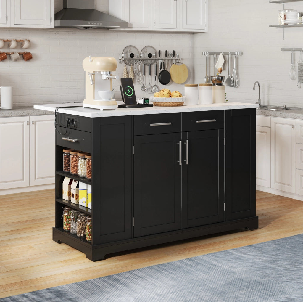 Isola cucina moderna 138 cm con piano lavoro in effetto marmo, ruote silenziose, prese EU, scaffali regolabili e vano estraibile per rifiuti nero