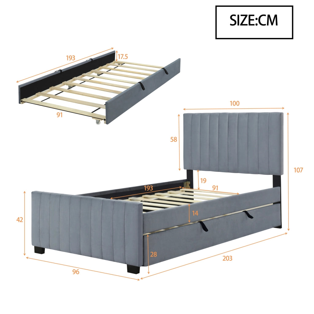 Letto singolo imbottito 90 × 190 cm con letto estraibile in velluto grigio rete a doghe
