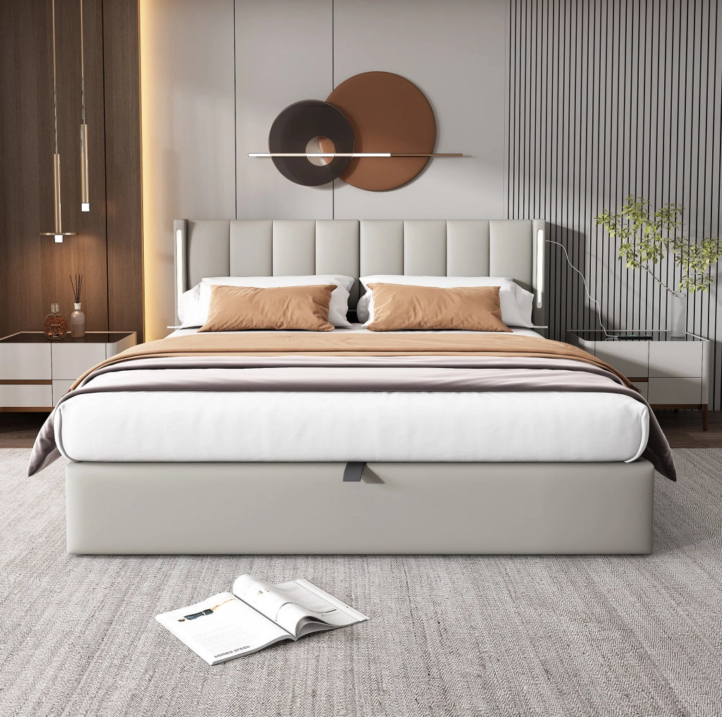 Letto imbottito grigio 140 x 190 cm con LED, USB e contenitore