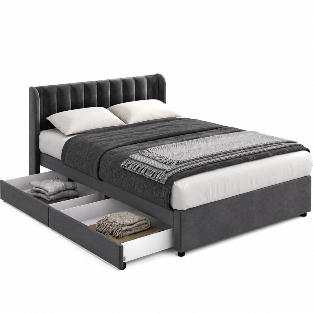 Letto imbottito 140x200 cm in velluto grigio con testiera, rete a doghe e 2 cassetti