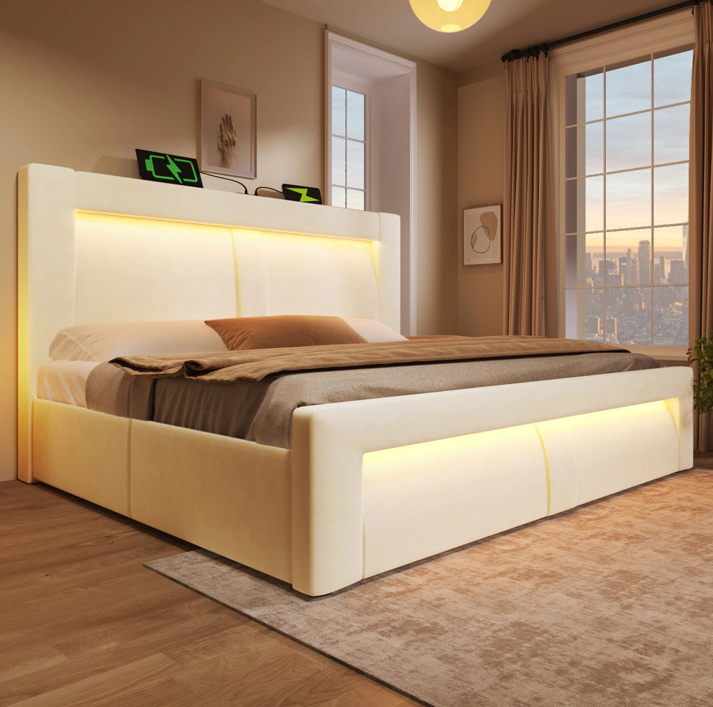 Letto matrimoniale 160x200 cm con contenitore; LED integrati; porte USB e Type-C; velluto beige